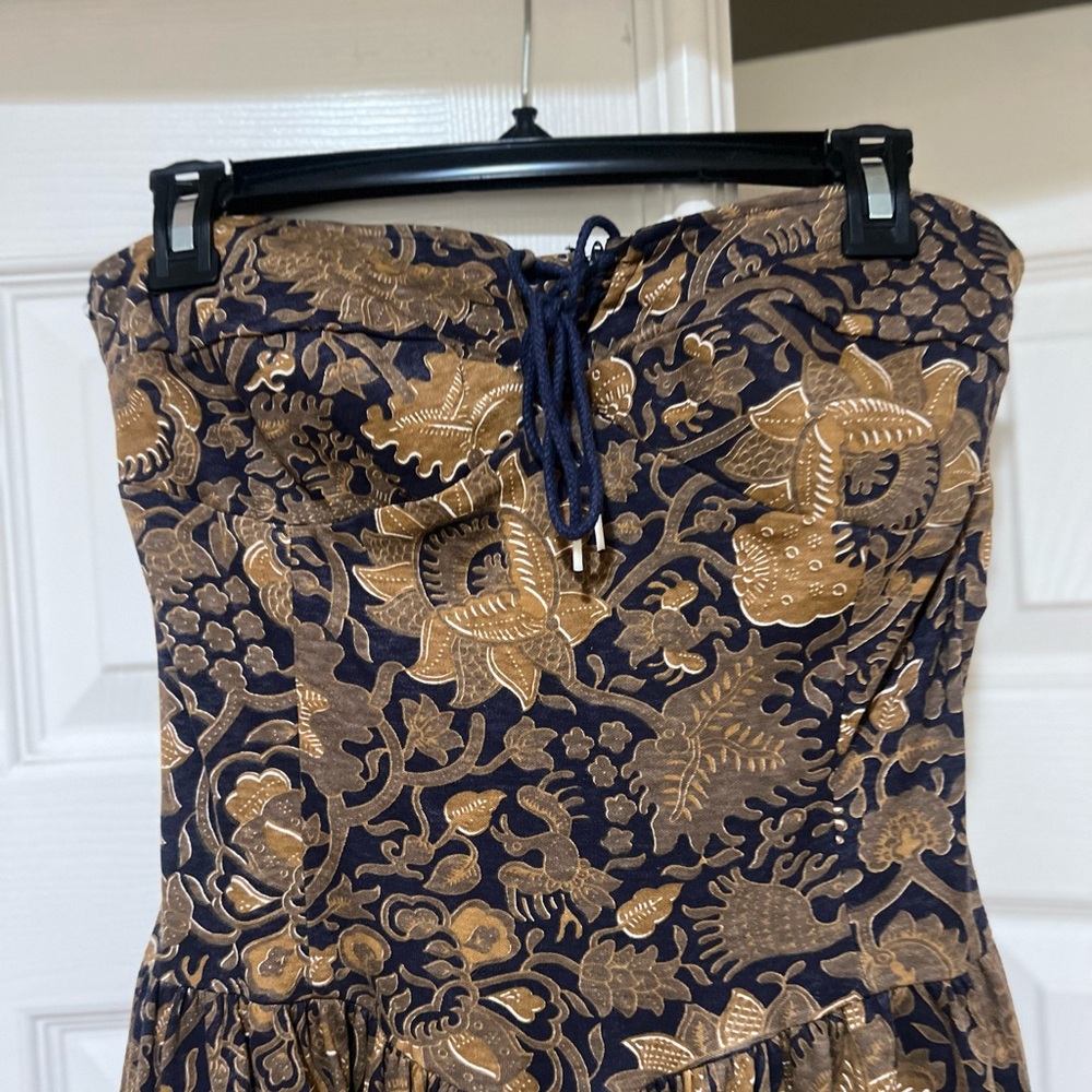 VNTG Claudine Bueché brown strapless floral cotton couchette pockets dress sz 10 - Picture 6 of 15